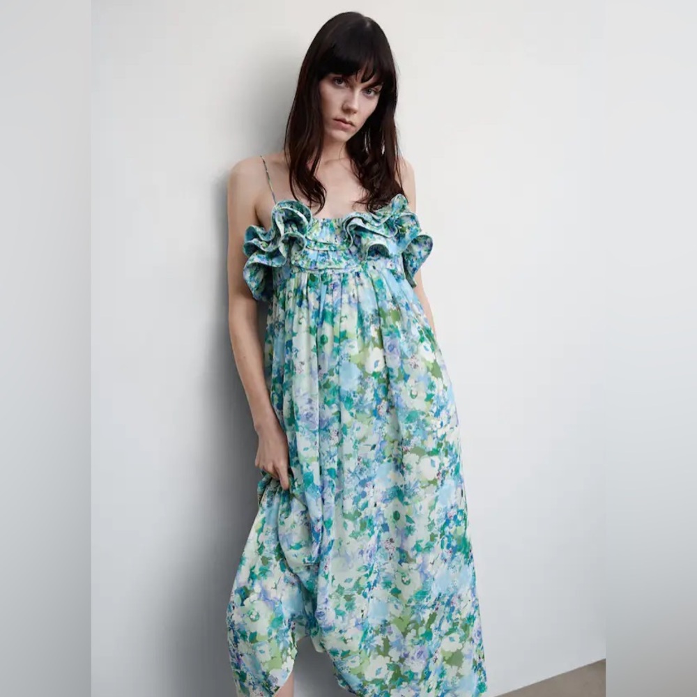 Brand New w Tags! MANGO Sky Blue Floral Ruffled Dress Size US 6